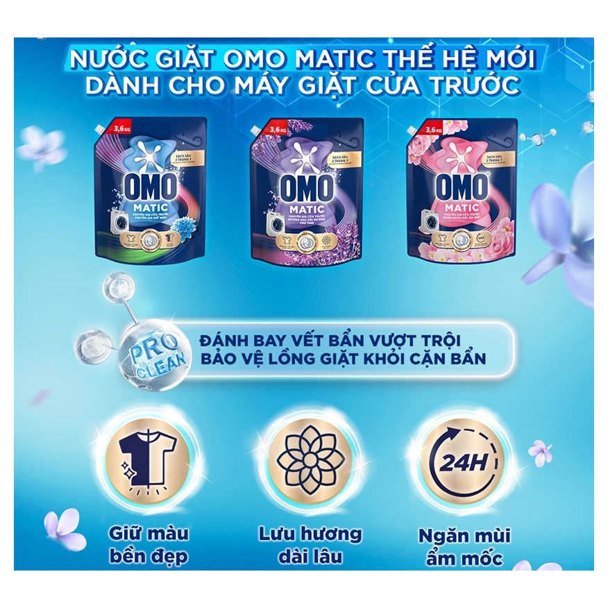 [THÙNG 4 TÚI] Omo Nước Giặt Matic Cửa Trước Hương Hoa Oải Thư Thái Túi 3.6kg