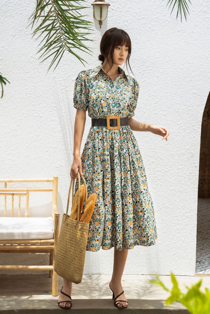 Đầm hoa cotton cổ sơ mi YV LE & CO