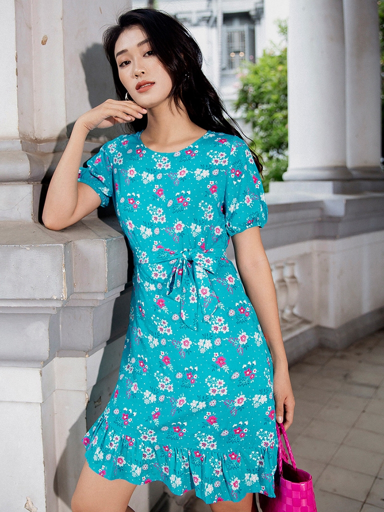 Đầm hoa xanh ngắn phối bèo YV LE & CO