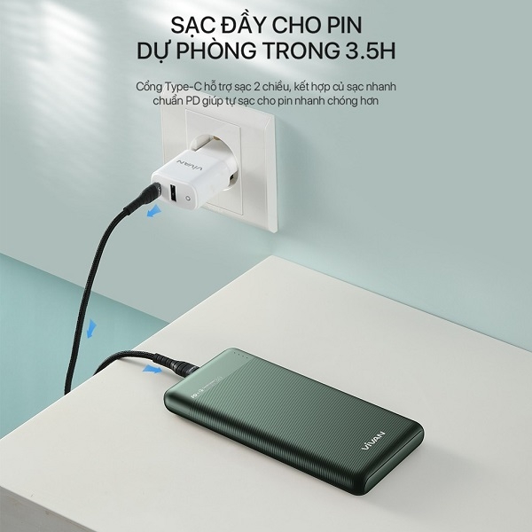 Sạc nhanh 18W dung lượng 10000mAh VIVAN VPB-M10 2 Inputs/2 Outputs PD + QC 3.0