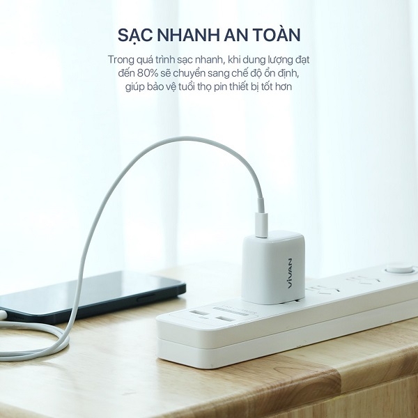 Củ sạc nhanh VIVAN Power 20U 20W chuẩn PD cổng Type-C chân sạc US tương thích Apple - Trắng