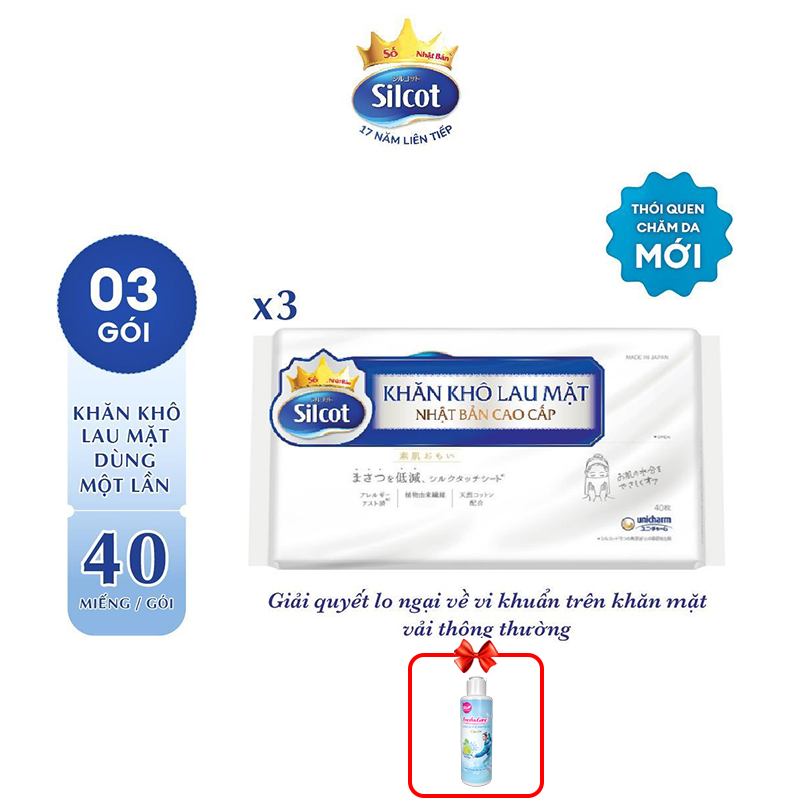 [COMBO 3-TẶNG DDVSPN COOL 150ML] Khăn khô lau mặt Silcot 40 miếng