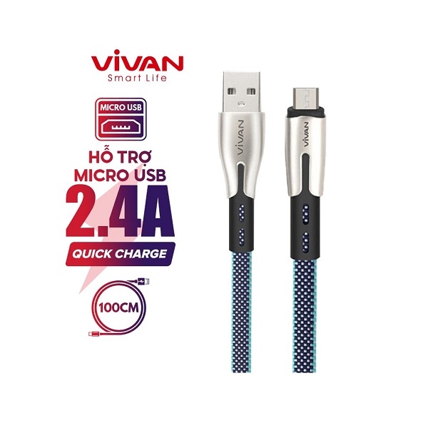 Cáp sạc và truyền dữ liệu micro USB VIVAN BTK-M 2.4A  Android 1m - Trắng, xanh dương