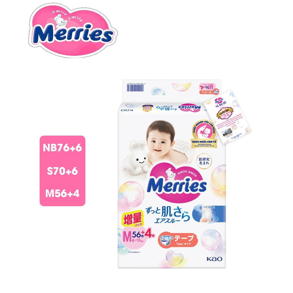Merries Tã Bỉm dán cộng miếng size NB76+6/S70+6/M56+4