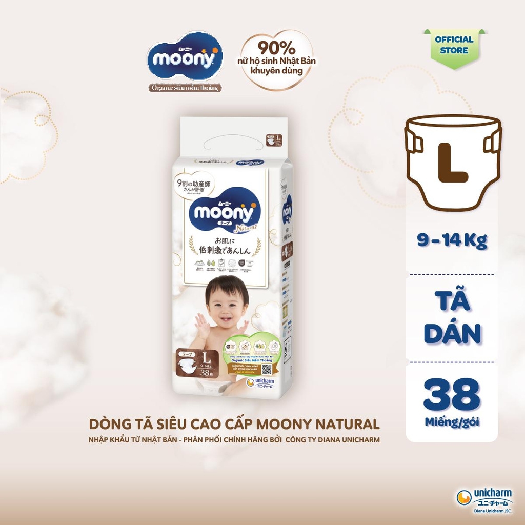 Moony Tã bỉm dán Dịu Nhẹ/ Natural NB62+4/ S58+2/ M46/ L38 - Nhập khẩu Nhật Bản