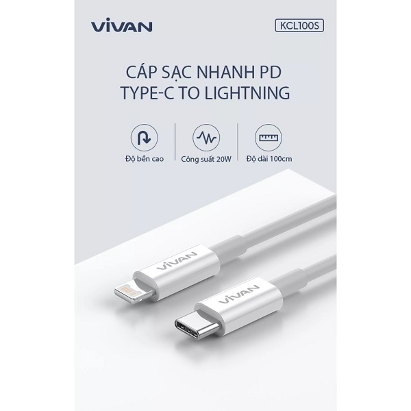 Cáp sạc nhanh PD Type-C to Lightning VIVAN KCL100S 1M 20W - Trắng