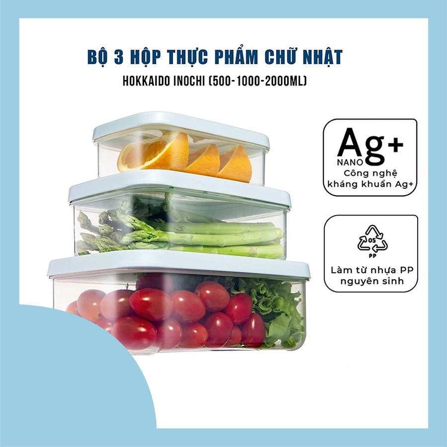 Bộ 3 hộp thực phẩm chữ nhật Hokkaido 500-1000-2000ml
