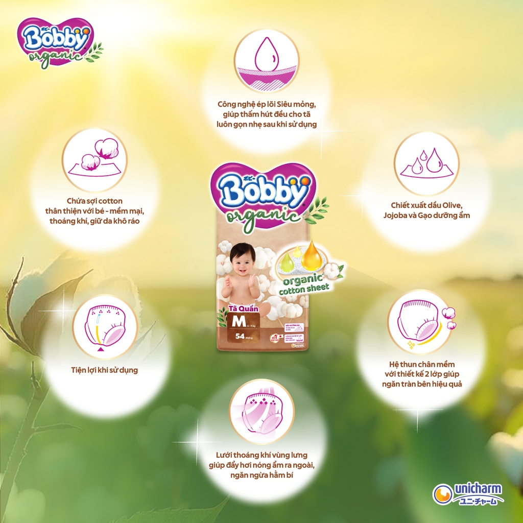 [TẶNG MIẾNG NGẪU NHIÊN] Tã bỉm quần cao cấp Bobby Organic chăm sóc dịu nhẹ từ thiên nhiên XL56