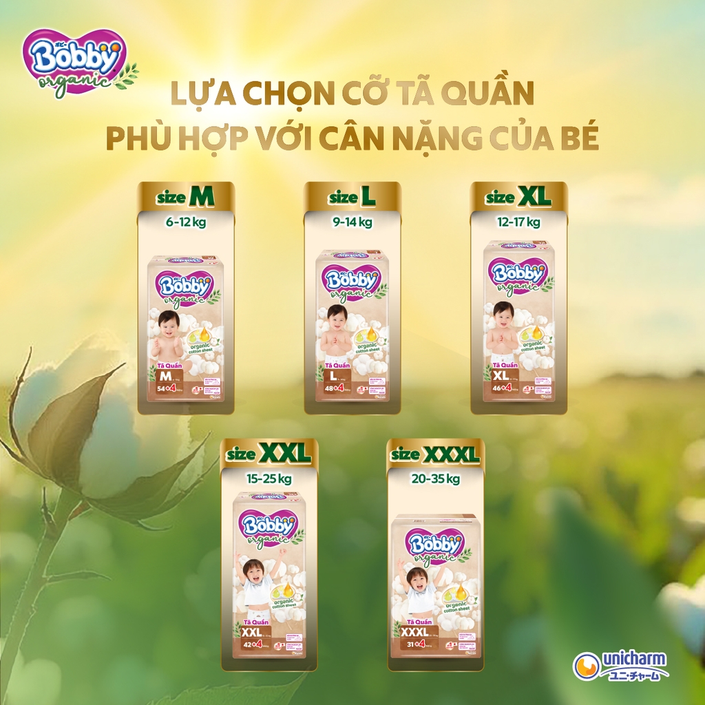 [TẶNG MIẾNG NGẪU NHIÊN] Tã bỉm quần cao cấp Bobby Organic chăm sóc dịu nhẹ từ thiên nhiên XL56