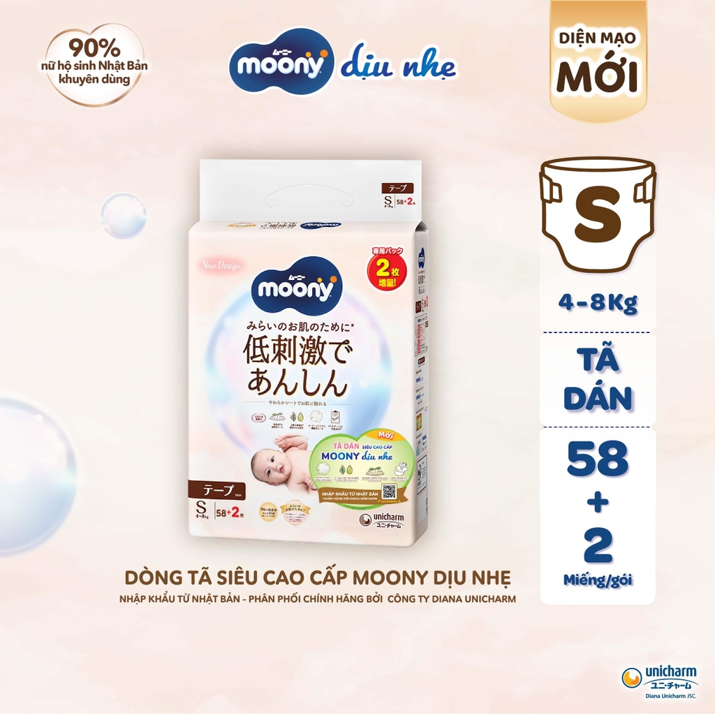 Moony Tã bỉm dán Dịu Nhẹ/ Natural NB62+4/ S58+2/ M46/ L38 - Nhập khẩu Nhật Bản