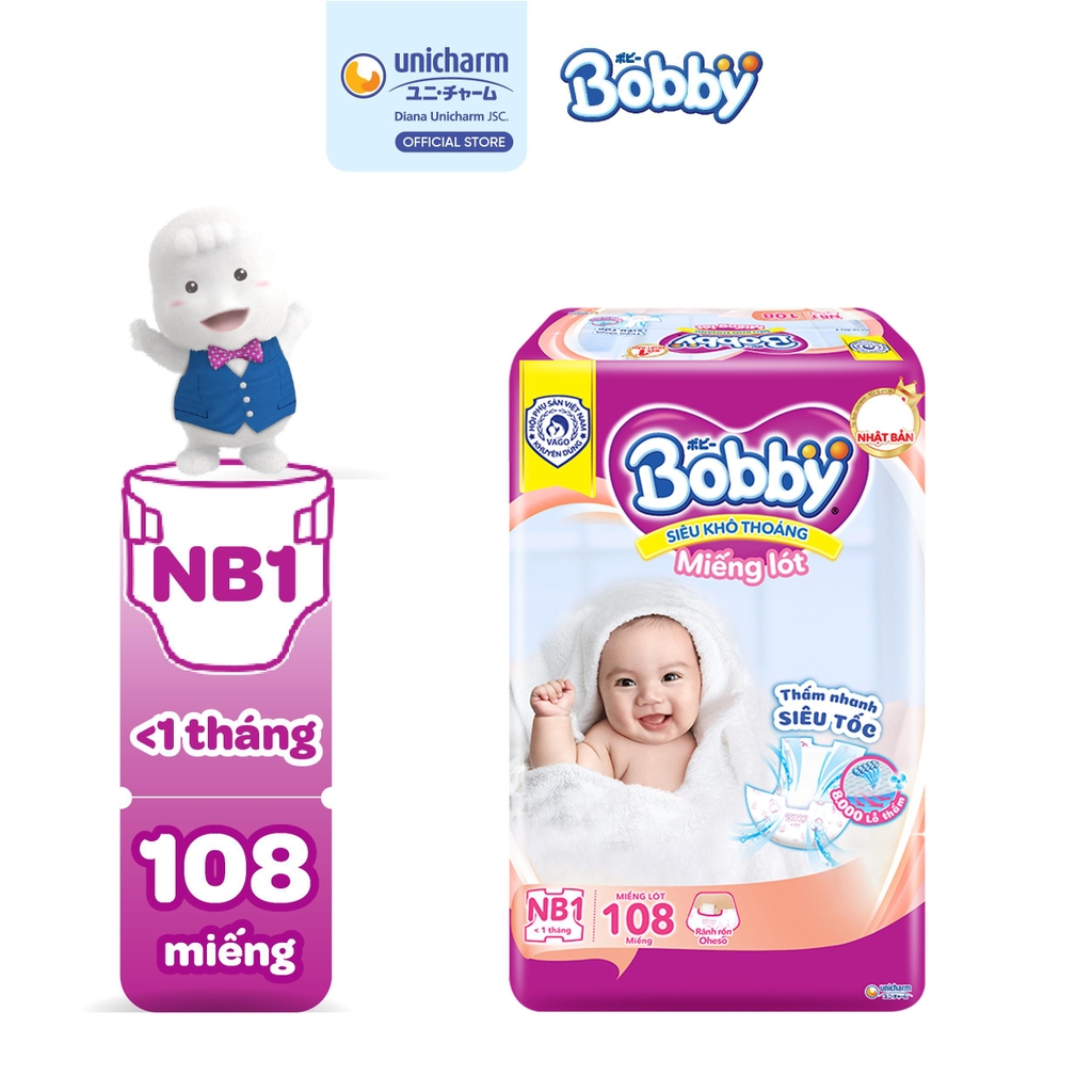 Bobby Miếng lót sơ sinh Newborn 1 - NB1 (108 miếng) Siêu khô thoáng Cho bé