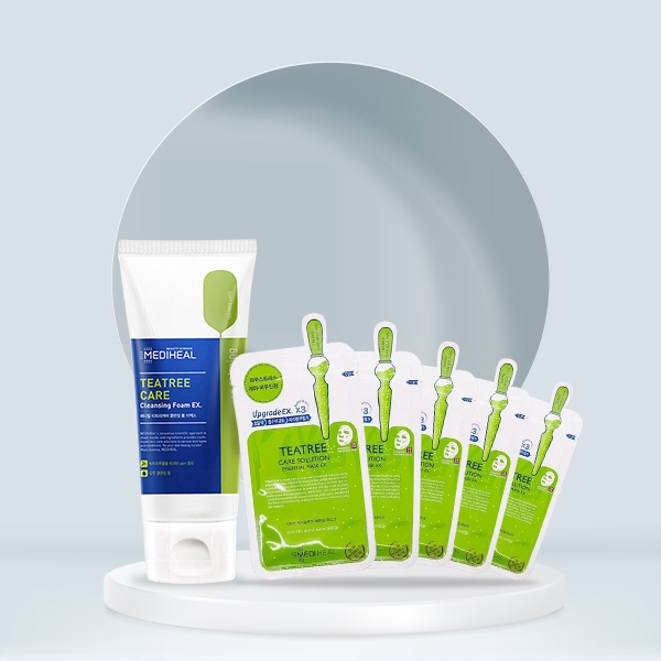 Combo trị mụn: 1 Sữa rửa mặt chiết xuất tràm trà Mediheal Tea Tree Care Cleansing Foam 170g và 5 Mặt nạ tinh chất trà tràm ngăn ngừa mụn Mediheal Tea Tree Care Solution Essential Mask - Miếng 25g