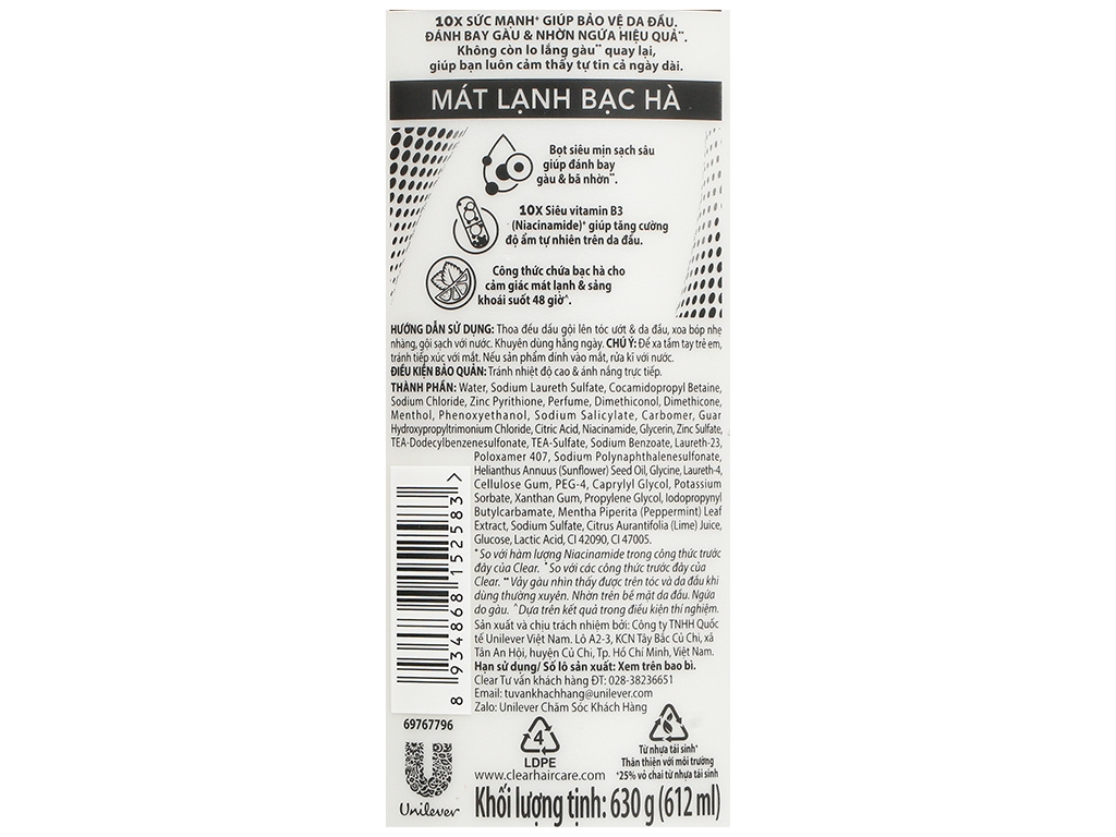 Dầu Gội CLEAR Bạc Hà Mát Lạnh Sạch Gàu (chai 630g)