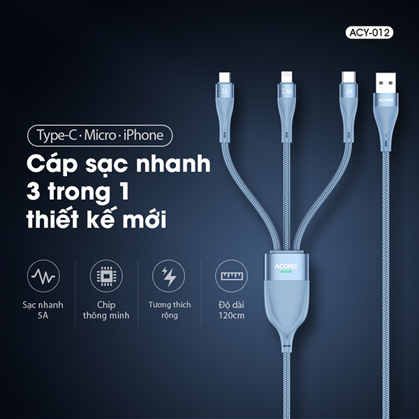 Cáp sạc nhanh 3 trong 1 Micro/Type-C/Lightning ACOME ACY-012 - Xanh