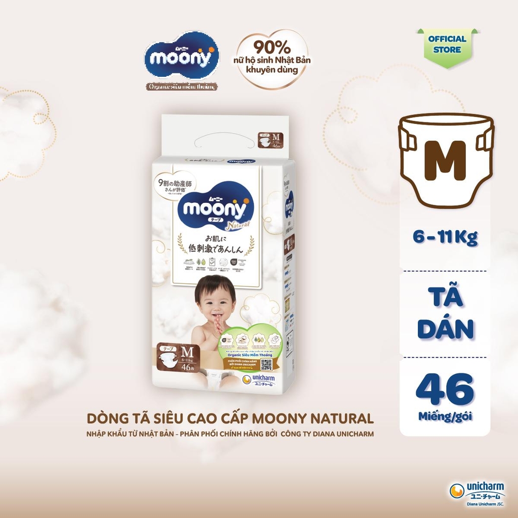 Moony Tã bỉm dán Dịu Nhẹ/ Natural NB62+4/ S58+2/ M46/ L38 - Nhập khẩu Nhật Bản