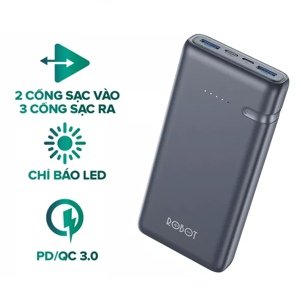 Pin dự phòng 20000mAh sạc nhanh 18W ROBOT RT21 - Xám