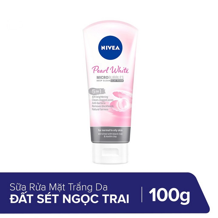 [HCM] Sữa rửa mặt Nivea đất sét ngọc trai làm sáng da Pearl White Micro Bubbles Deep Clean Clay Foam 5 in 1 100g