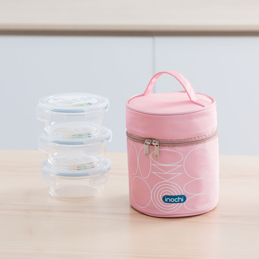 Bộ hộp thuỷ tinh tròn Nikko kèm túi giữ nhiệt Yoshino - Hồng phấn/Xanh bích (giao ngẫu nhiên)