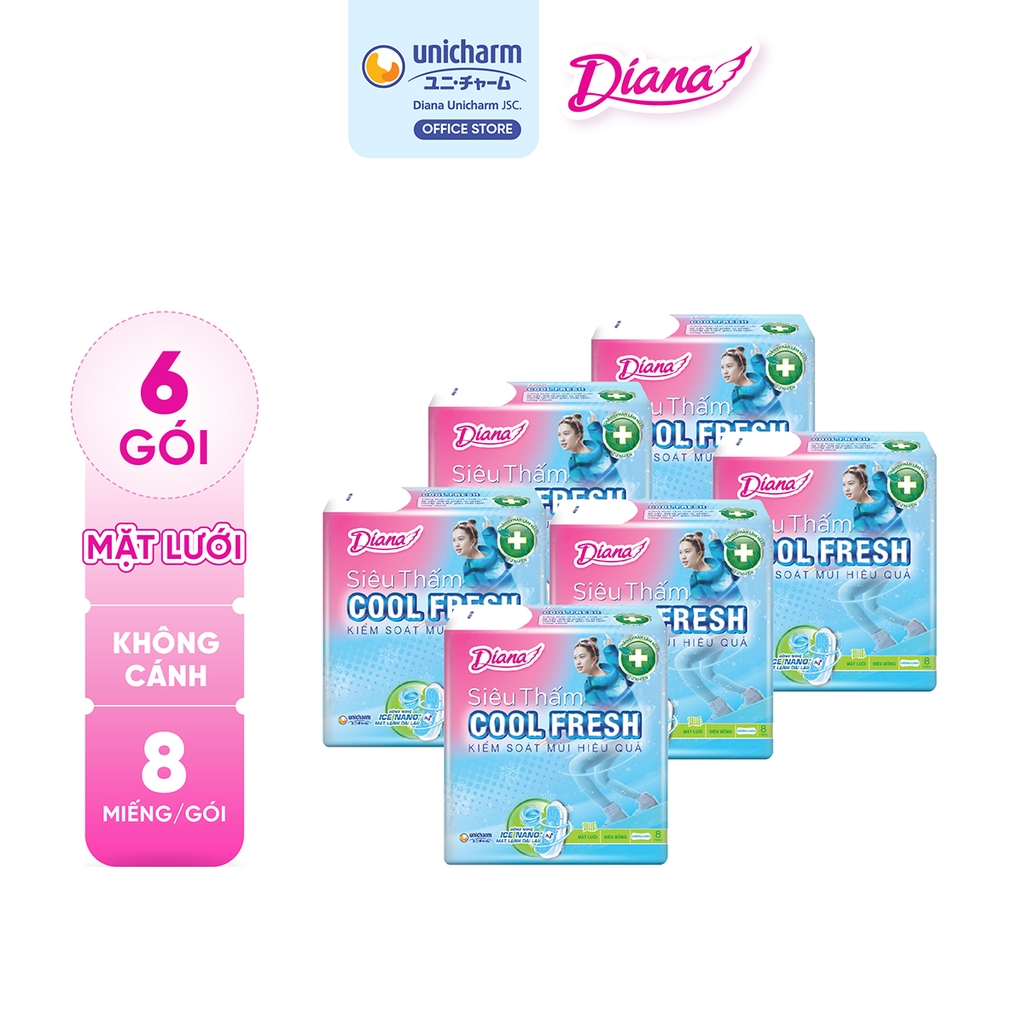 [THÙNG 48] Diana Băng vệ sinh siêu thấm Cool Fresh siêu mỏng cánh/không cánh 8 miếng/gói