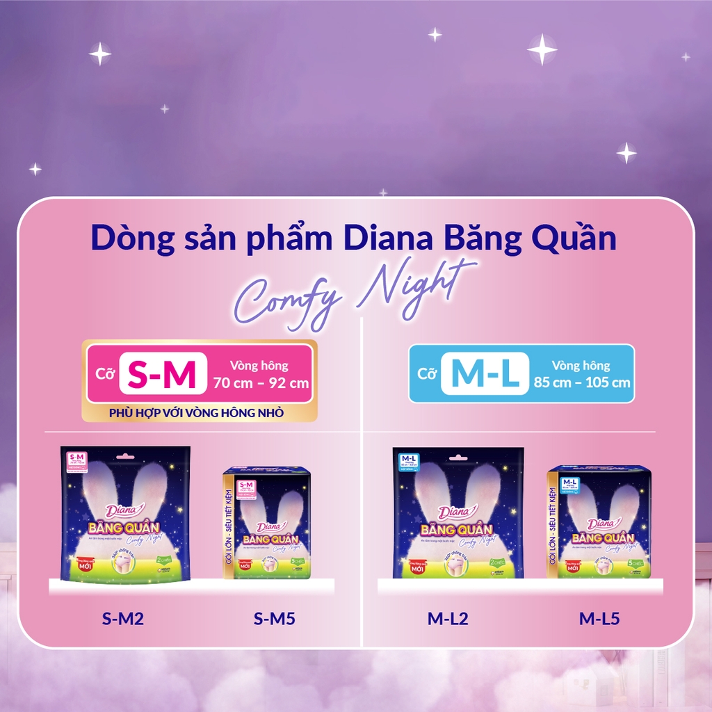 Băng vệ sinh Diana Băng quần Comfy Night size S-M/ M-L 5 miếng/gói