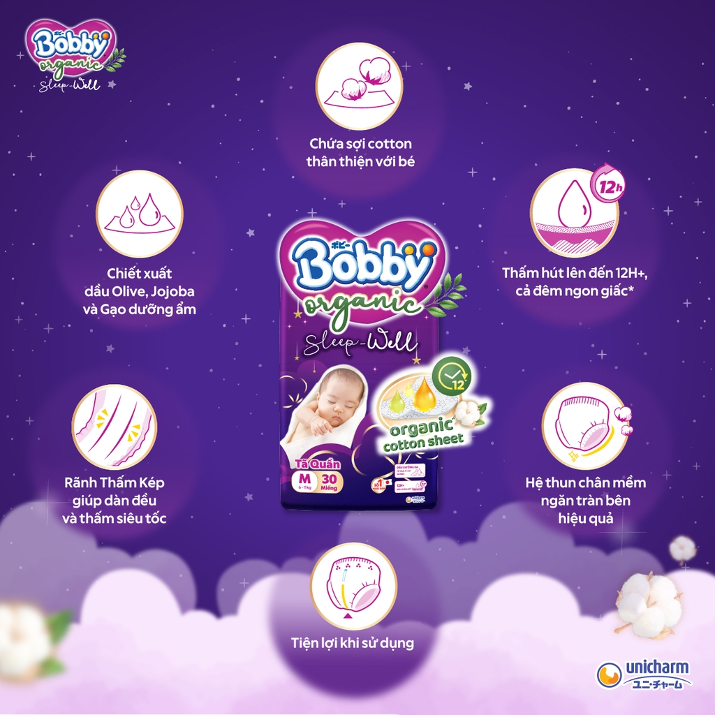 [CỘNG MIẾNG NGẪU NHIÊN] Tã bỉm quần Ban Đêm Cao Cấp Bobby Sleep-Well dịu nhẹ khô thoáng L26