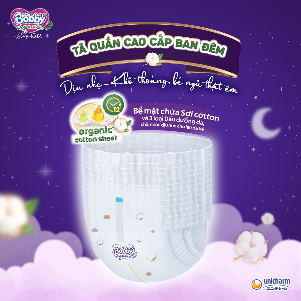 [CỘNG MIẾNG NGẪU NHIÊN] Tã bỉm quần Ban Đêm Cao Cấp Bobby Sleep-Well dịu nhẹ khô thoáng XL24
