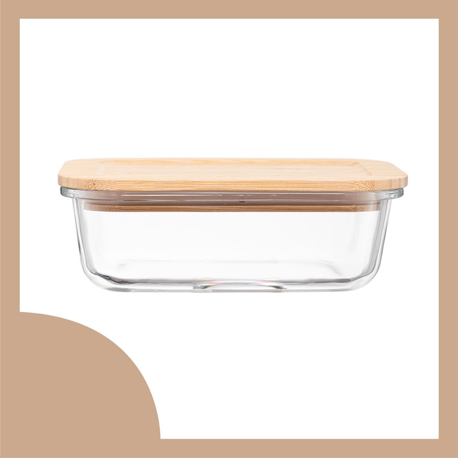 Hộp thuỷ tinh chữ nhật nắp tre Nikko 640ml