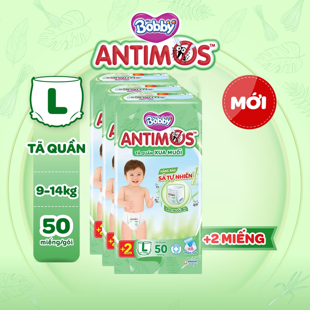 [COMBO 3] Bobby Tã bỉm Quần Antimos Xua Muỗi M52/L50/XL48/XXL46 miếng cho bé