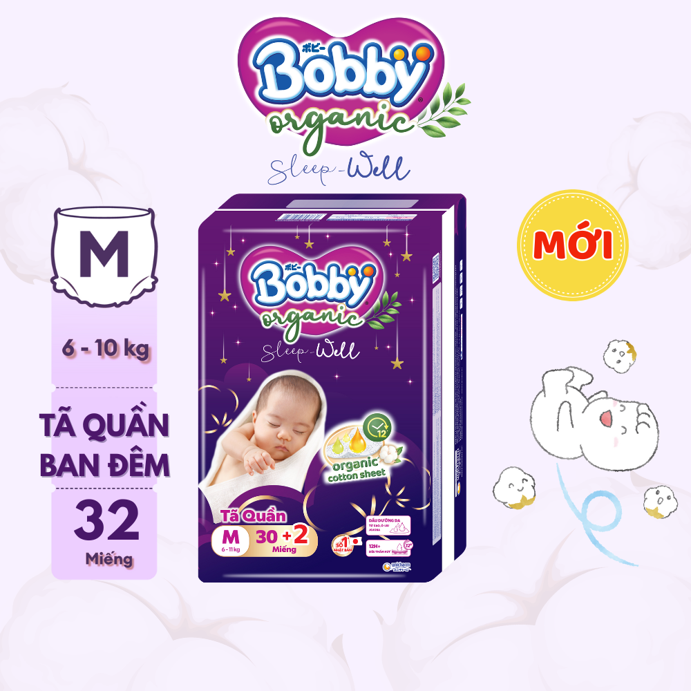 [CỘNG MIẾNG NGẪU NHIÊN] Tã bỉm quần Ban Đêm Cao Cấp Bobby Sleep-Well dịu nhẹ khô thoáng M30