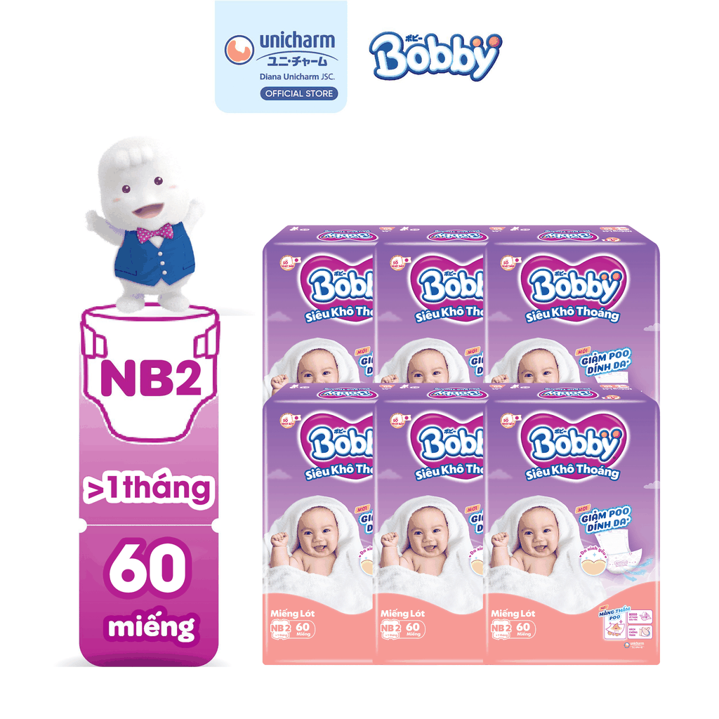 [COMBO 6] Bobby Miếng lót sơ sinh Newborn 2 - NB2 40/60 miếng Siêu khô thoáng cho bé