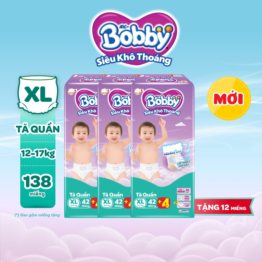 [COMBO 3] Bobby Tã bỉm quần M56/L48/XL42/XXL38/XXXL31 Siêu khô thoáng (cộng miếng ngẫu nhiên)