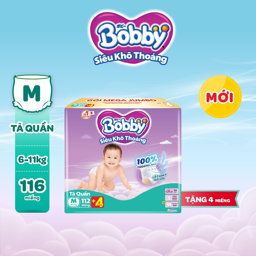 Bobby Tã bỉm quần M112 Siêu khô thoáng (cộng miếng ngẫu nhiên)