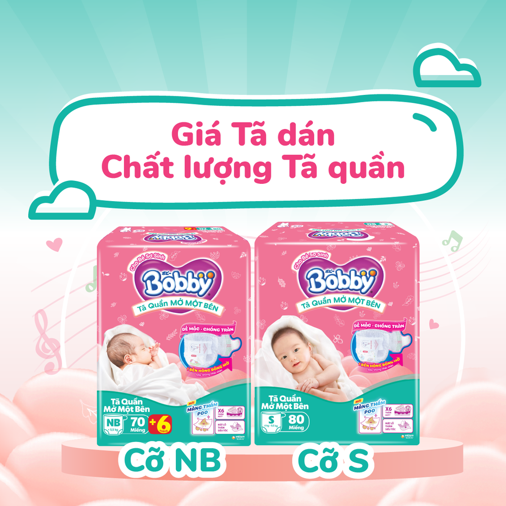 [COMBO 4] Bobby Tã bỉm quần Mở Một Bên size NB70+6/S80/S-M 62 miếng
