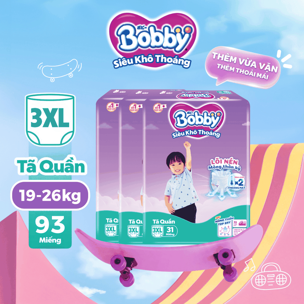 [COMBO 3] Bobby Tã bỉm quần M56/L48/XL42/XXL38/XXXL31 Siêu khô thoáng (cộng miếng ngẫu nhiên)