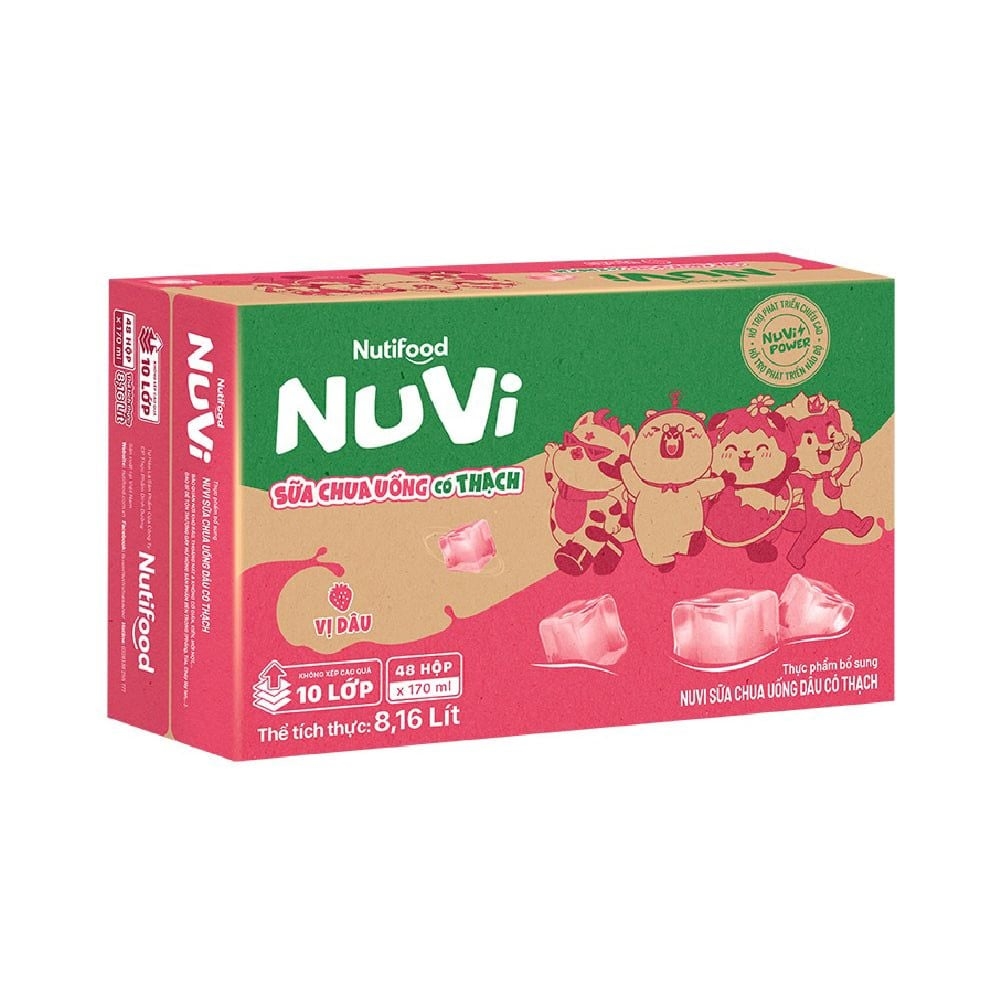 [Thùng 48 hộp] Nuvi Sữa Chua Uống Hương Dâu Có Thạch Hộp 170ml
