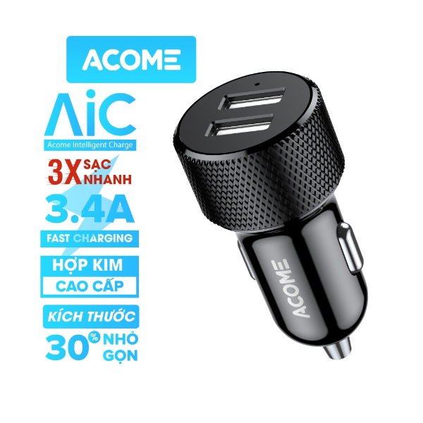 Tẩu sạc ô tô 2 cổng USB-A 2.4A ACOME ACC03 - Đen