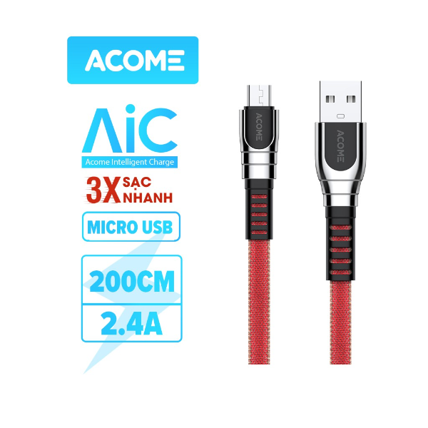Cáp sạc và truyền dữ liệu Micro USB 2.4A ACOME AKM-010 1M - Đỏ, nâu