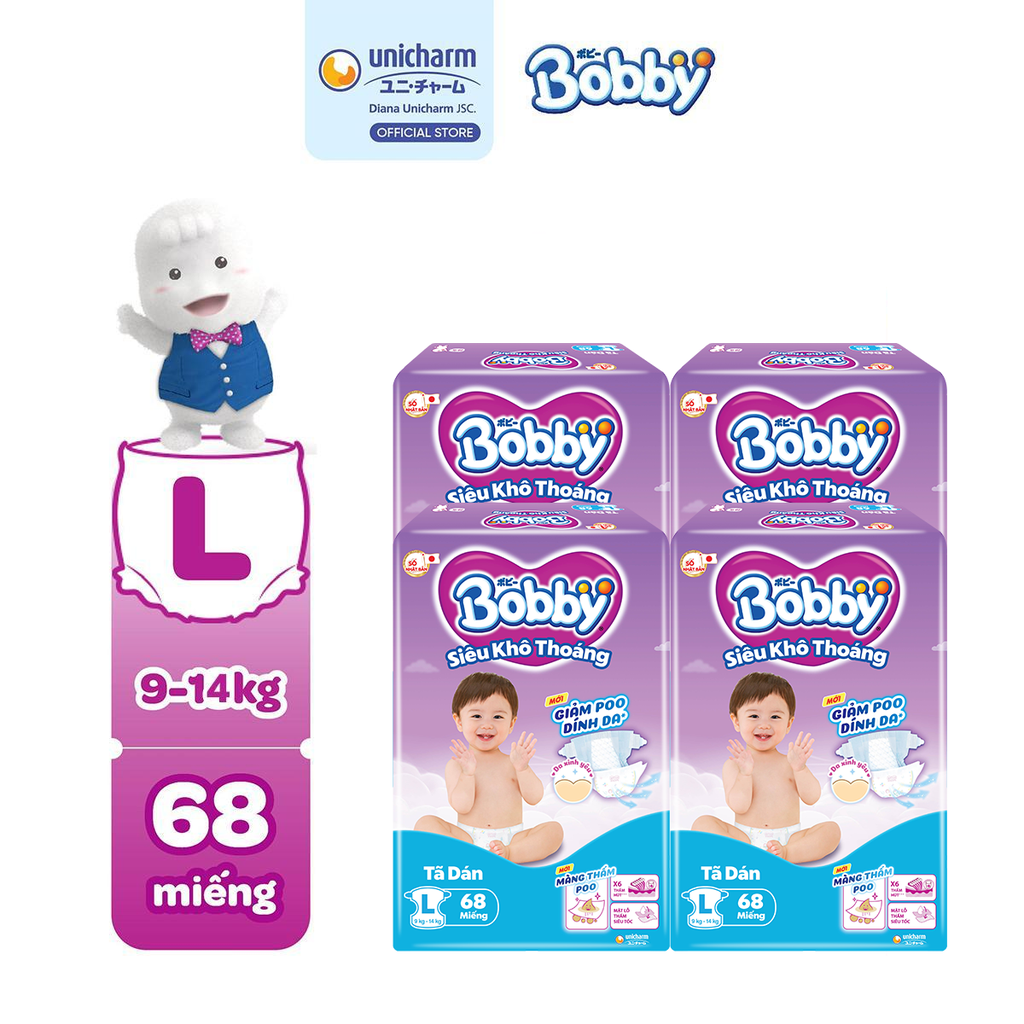 [COMBO 4] Bobby Tã bỉm dán S80/M76/L68/XL62/XXL56 Siêu khô thoáng