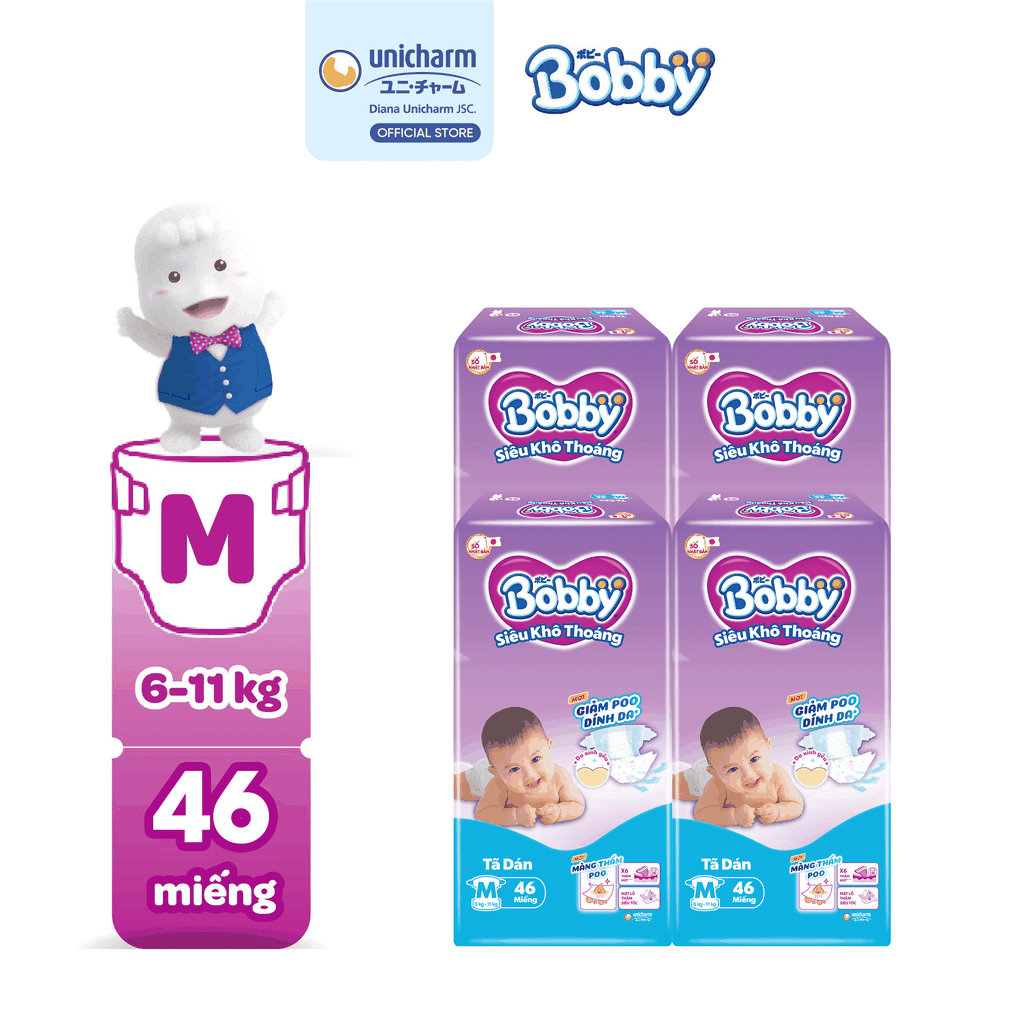 [COMBO 4] Bobby Tã bỉm dán XS70/S54/M46 Siêu khô thoáng