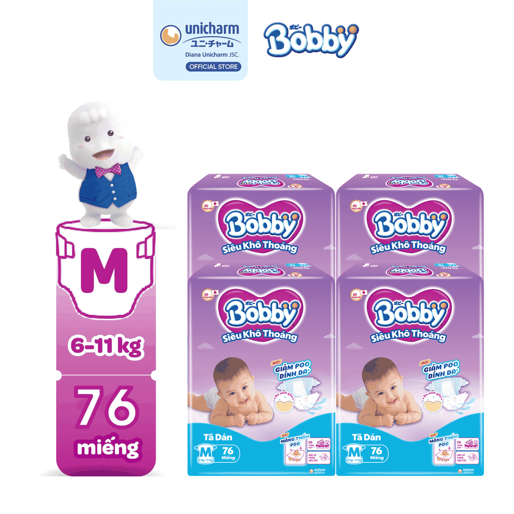 [COMBO 4] Bobby Tã bỉm dán S80/M76/L68/XL62/XXL56 Siêu khô thoáng