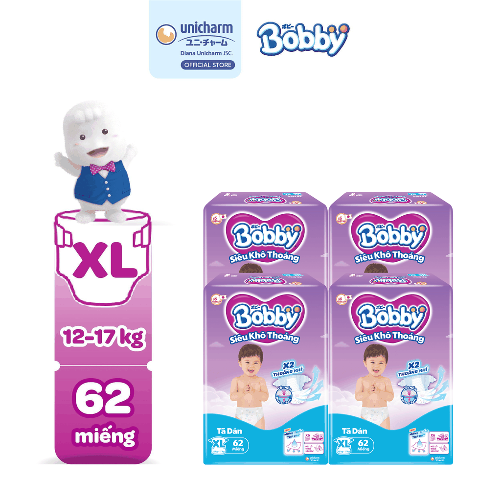 [COMBO 4] Bobby Tã bỉm dán S80/M76/L68/XL62/XXL56 Siêu khô thoáng