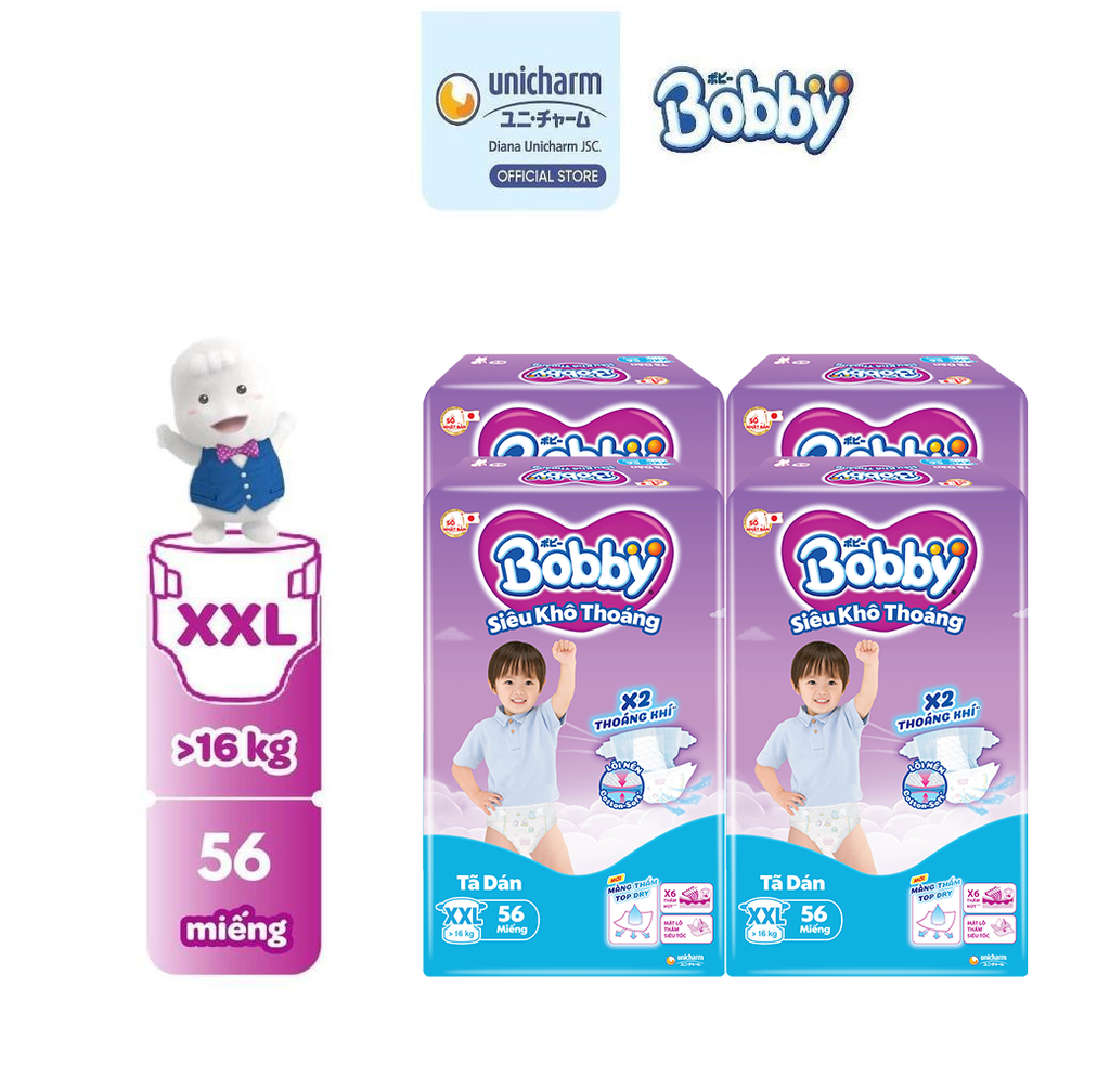 [COMBO 4] Bobby Tã bỉm dán S80/M76/L68/XL62/XXL56 Siêu khô thoáng