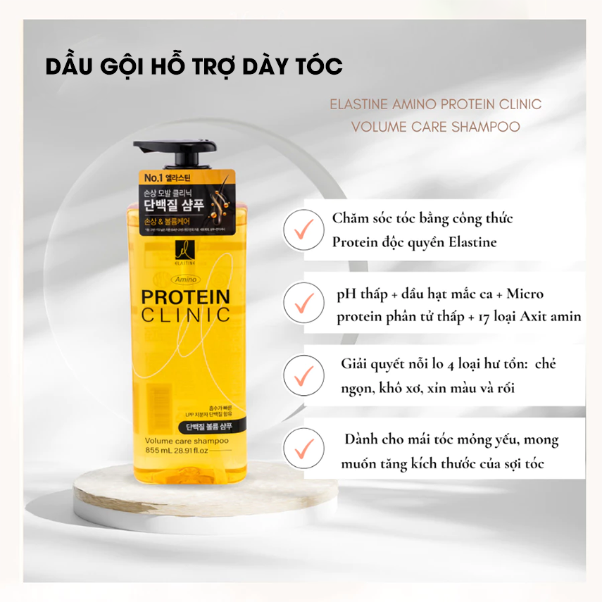 Dầu Gội Hỗ Trợ Dày Tóc Elastine Amino Protein Clinic Volume Care Shampoo 855ml