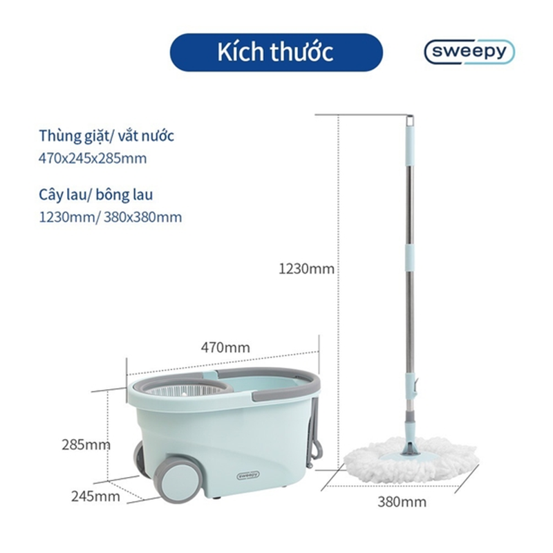 ETM971 - Bộ cây lau nhà xoay SWEEPY gồm thùng giặt, cây lau và 2 bông lau - 7L - Màu xanh