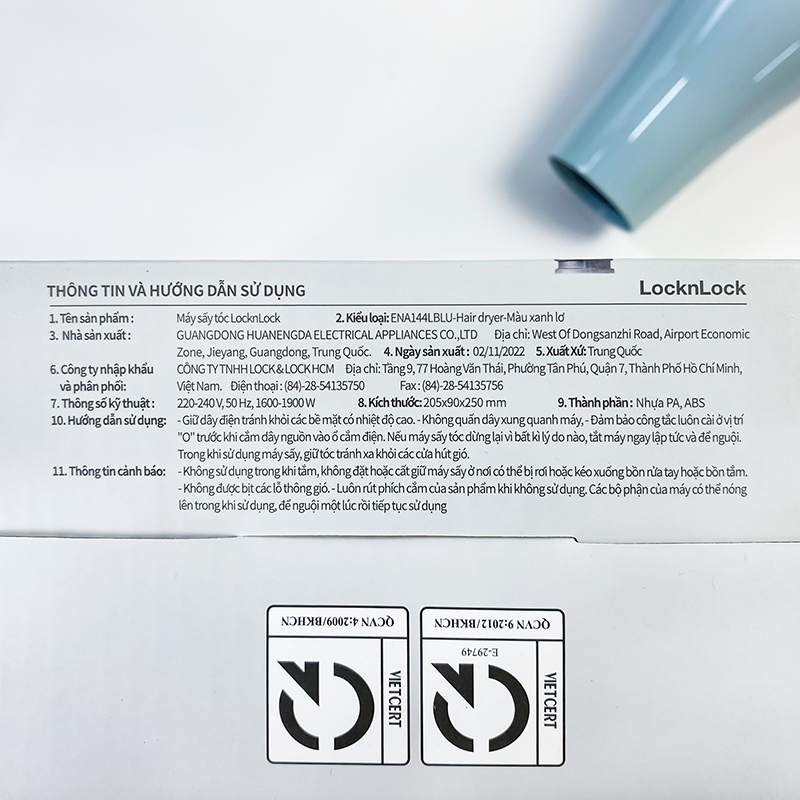 ENA144LBLU- Máy sấy tóc nhãn hiệu Locknlock Hair dryer 220-240V, 50Hz, 1600-1900W- Màu băng xanh