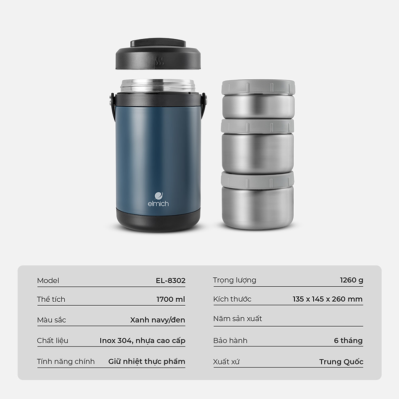 Hộp cơm giữ nhiệt inox 304 Elmich EL8302 dung tích 1.7L