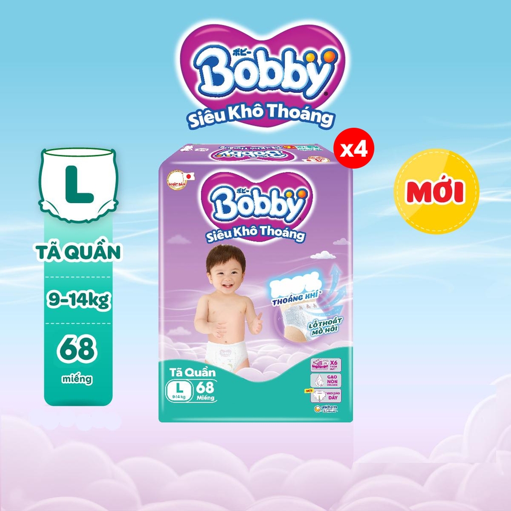 [COMBO 4] Bobby Tã bỉm quần M76/L68/XL62/XXL56 Siêu khô thoáng (cộng miếng ngẫu nhiên)