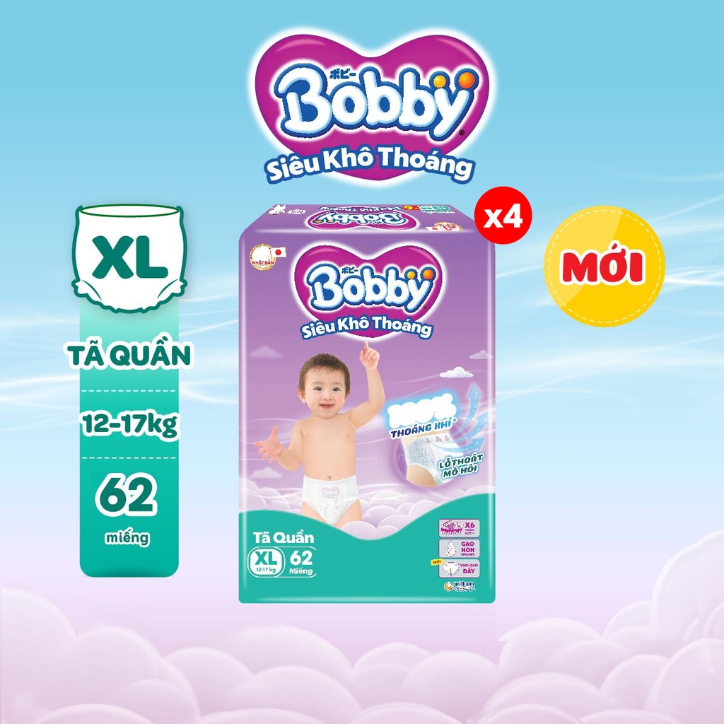[COMBO 4] Bobby Tã bỉm quần M76/L68/XL62/XXL56 Siêu khô thoáng (cộng miếng ngẫu nhiên)