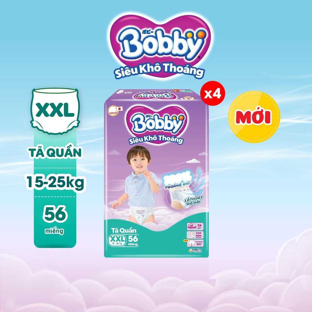 [COMBO 4] Bobby Tã bỉm quần M76/L68/XL62/XXL56 Siêu khô thoáng (cộng miếng ngẫu nhiên)