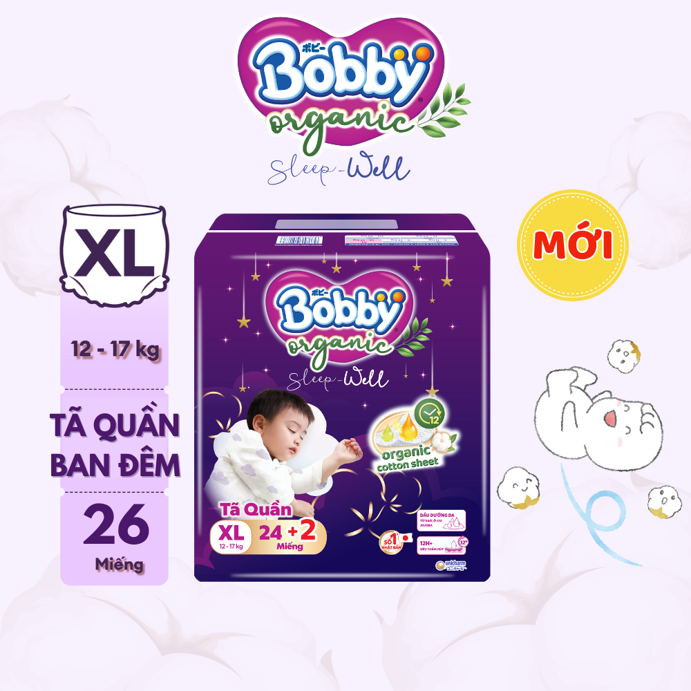 [CỘNG MIẾNG NGẪU NHIÊN] Tã bỉm quần Ban Đêm Cao Cấp Bobby Sleep-Well dịu nhẹ khô thoáng XL24